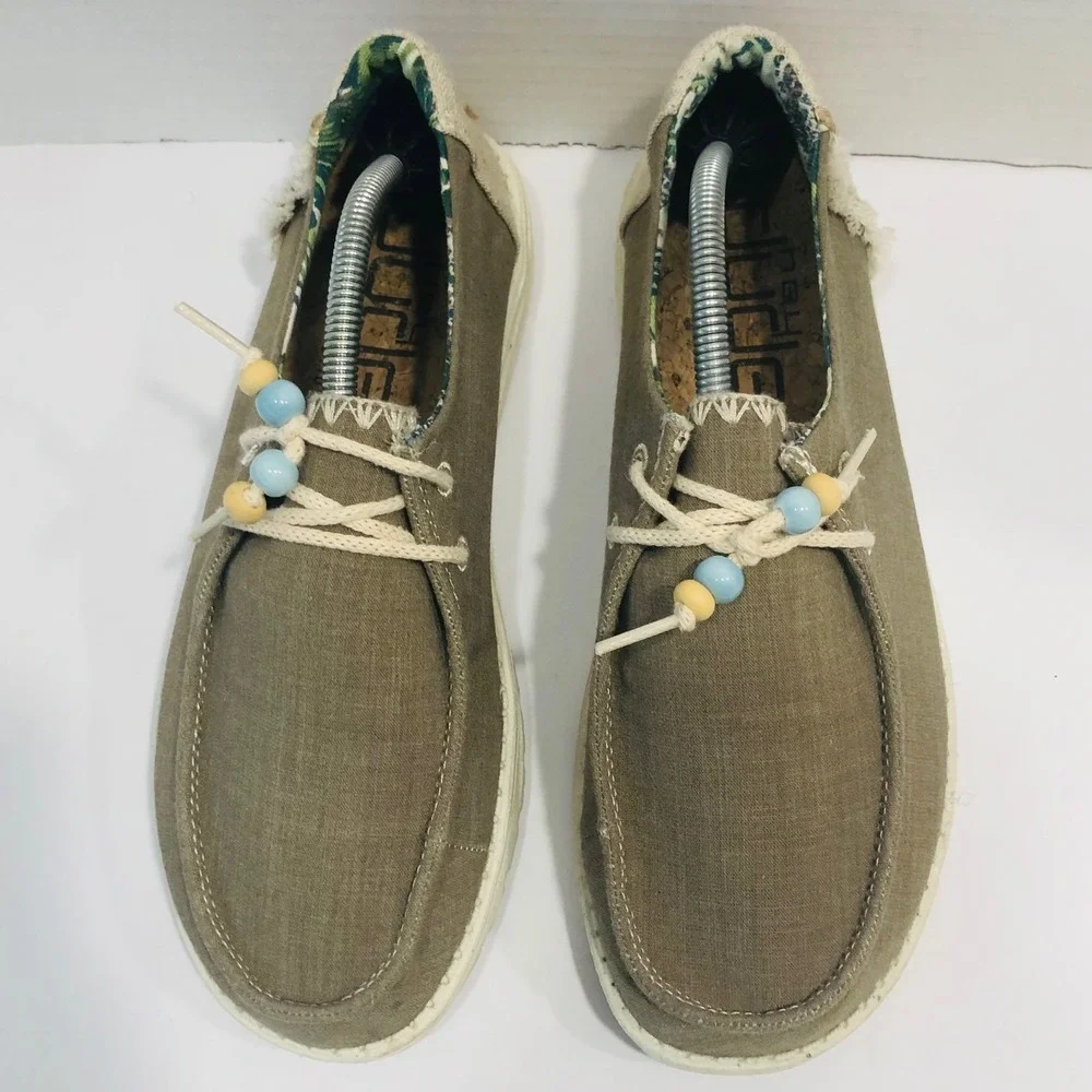 Hey Dude Wendy Rosemary Boho Earthy Canvas Loafers Shoes Beaded Fringe  Womens 8